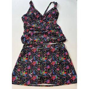Nicole Miller Studio Swimsuit 2X Tankini Skirtini Ruffle Floral Psychedelic 2PC